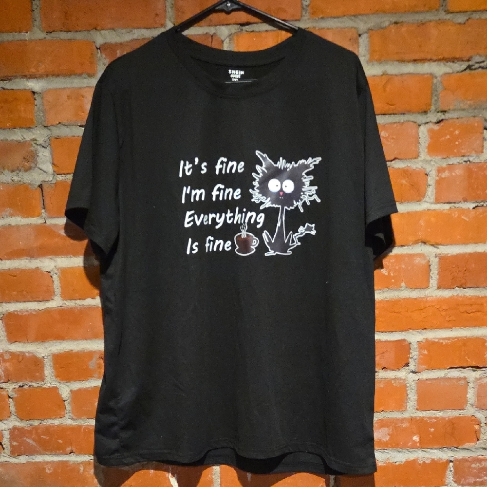 Shein Black T-Shirt with Funny Cat Graphic